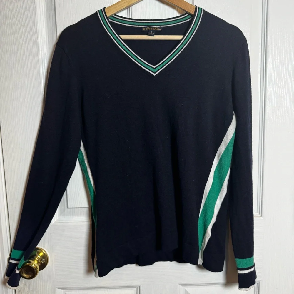Brooks Brothers Navy Green V-Neck Sweater Pullover Athletic Stripe Size Large - Picture 2 of 11